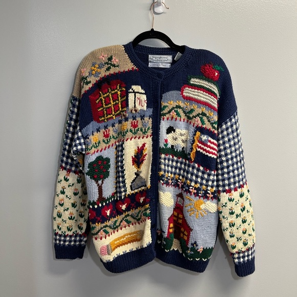 Signature Northern Isles Sweaters - Vintage Hand Knitted Northern Isles Old School Apple/Pencil/Milk Cardigan - L